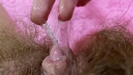 Huge pulsating clitoris orgasm in extreme close up with squirting hairy pussy grool play