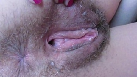Extreme close up wet pussy fucking with huge dildo . Big clit , big labia ,hairy cunt gaping